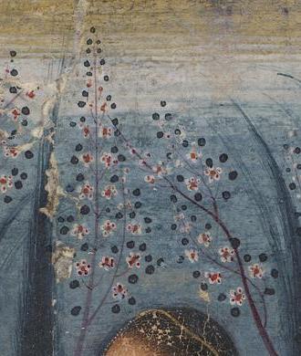 Detail: blossoming branches over the figure, against a night ground.