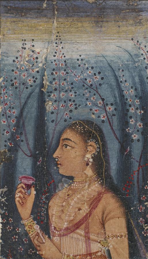 An unsigned portrait: a woman with a cup beneath a flowering tree, against a night ground.