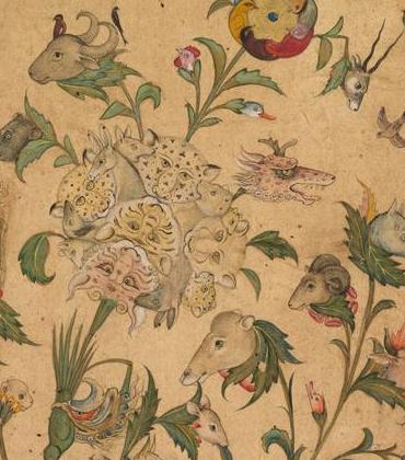 Detail: rams, gazelles, lions and human faces flowering on the stems.