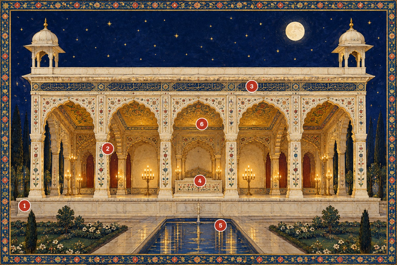Painted elevation of the Diwan-i-Khas at night with numbered points: plinth, cusped arches, inscription band, throne dais, water, gilded ceiling