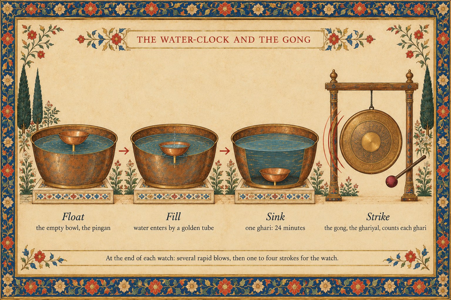 Painted explainer of the Mughal water-clock and gong: a bowl floats, fills, sinks in one ghari of 24 minutes, and the gong is struck