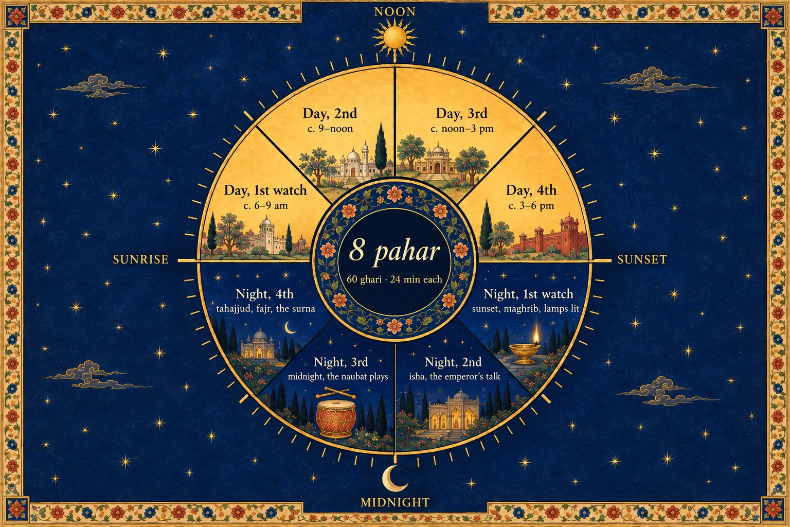 Painted diagram: the eight watches of a Mughal day and night, four gold day watches above and four indigo night watches below, with noon, sunset, midnight and sunrise marked