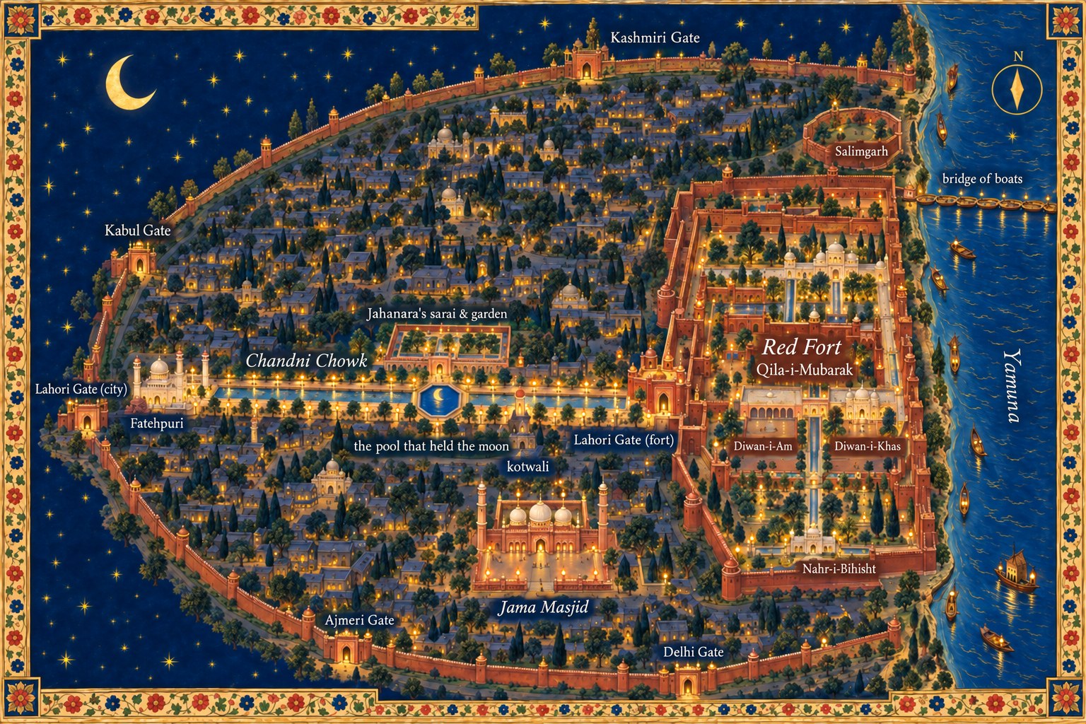 Painted bird's-eye map of Shahjahanabad at night, about 1660: the Red Fort on the Yamuna, Chandni Chowk with its canal and moonlit pool, the Jama Masjid and the city gates