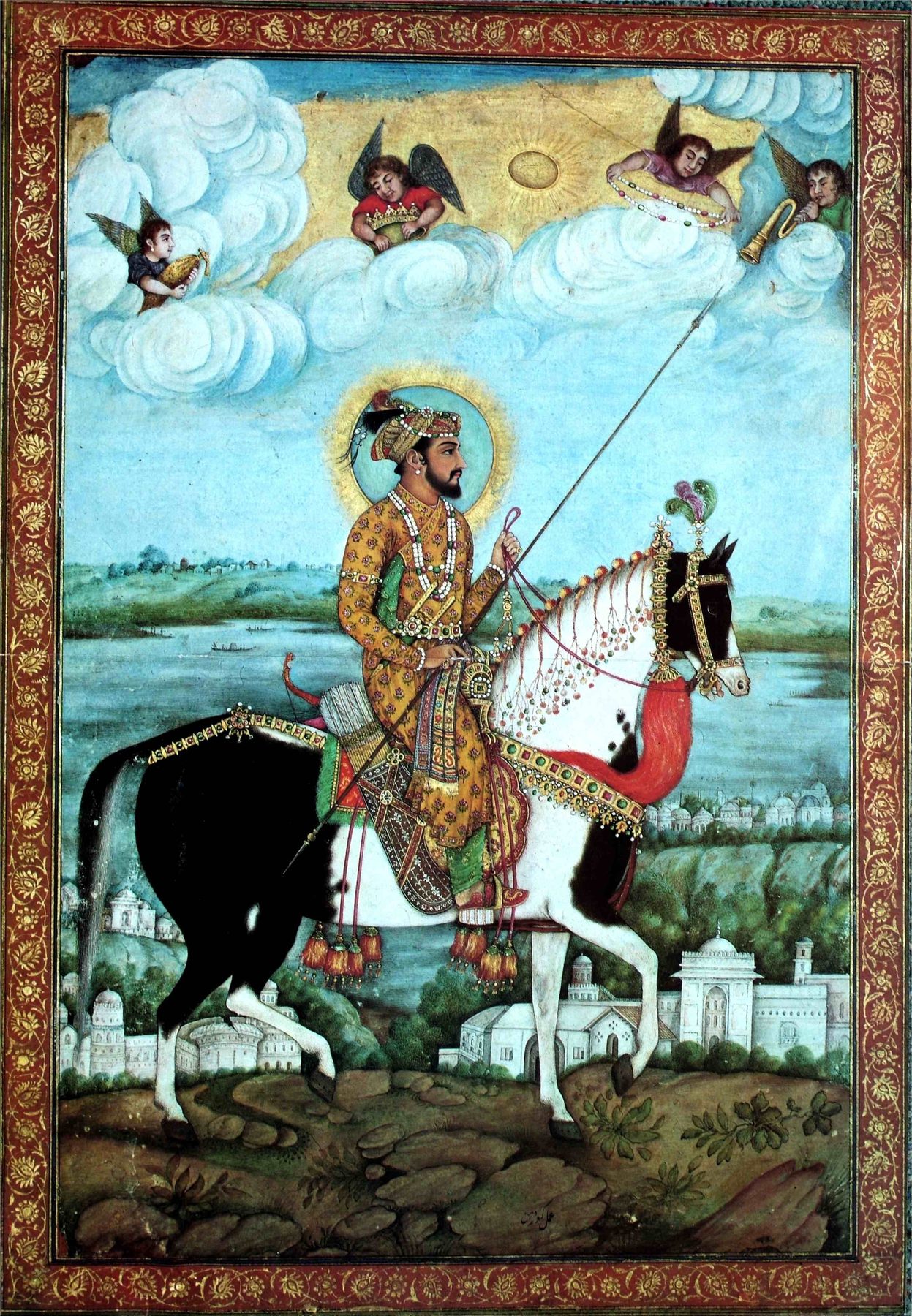 Shah Jahan on Horseback, with angels in the clouds above